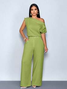 Blusa elegante de un solo hombro con botones metálicos, sin mangas, de unicolor, para uso en la oficina, citas, eventos y uso diario modesto - Verde - Ver 1