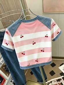 Camiseta de manga corta de ajuste ceñido con estampado digital de rayas de frutas, versátil para mujer.Camiseta con estampado de cerezas todo sobre, camiseta de cerezas, camiseta de rayas, camiseta de frutas - Rosa 2 - Ver 2