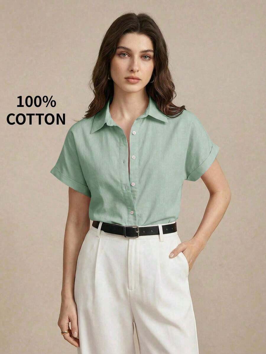 Nueva llegada Camisa casual de manga corta con botones delanteros de unicolor, adecuada para uso diario, primavera/verano - Verde - Ver 1