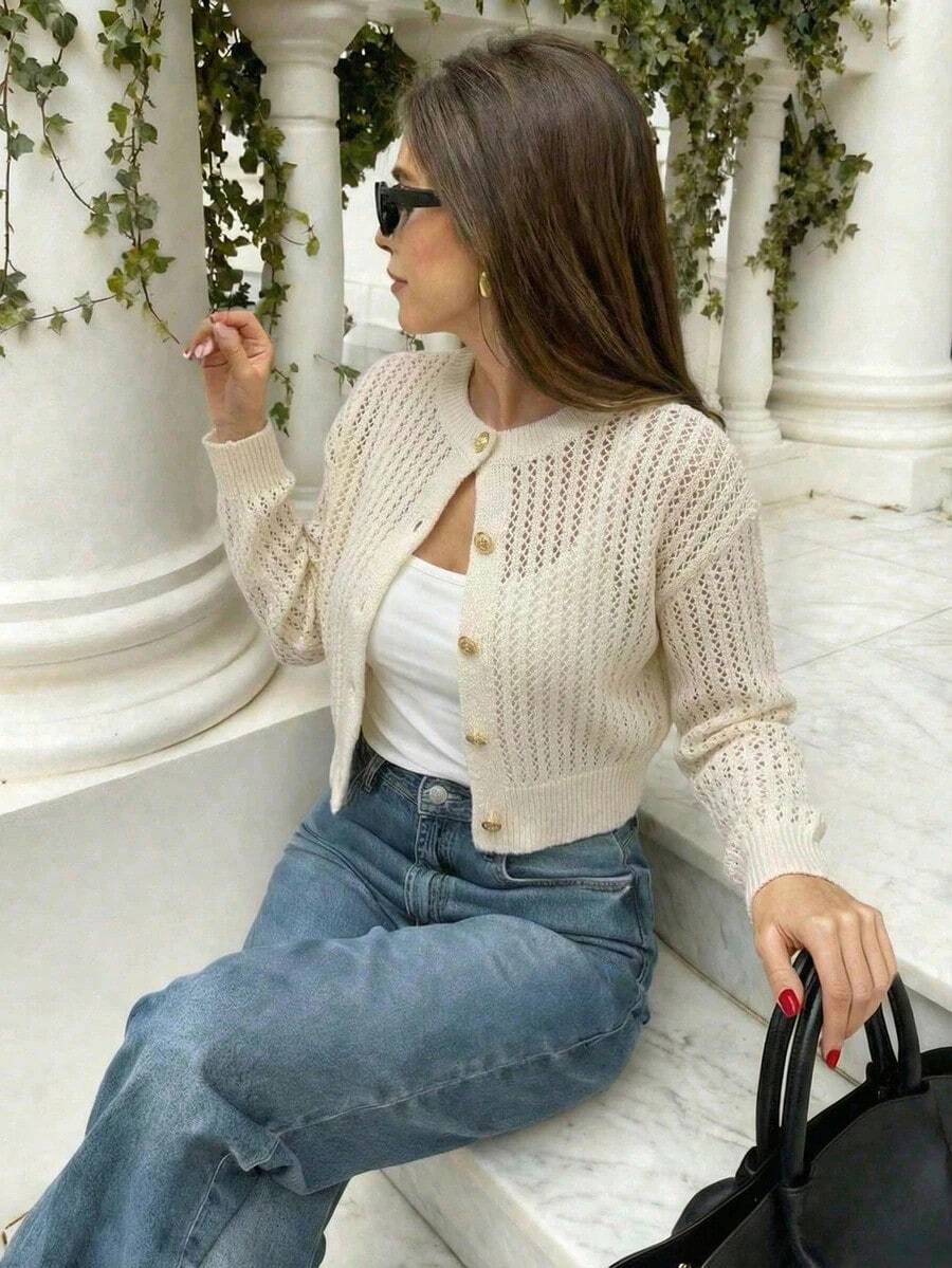 Nuevo cárdigan corto de manga larga de punto para mujer de cuello redondo y abotonadura sencilla en color albaricoque, de estilo retro, para primavera y otoño.Prenda de vestir casual minimalista y versátil, adecuada para el uso diario. - albaricoque claro - Ver 1