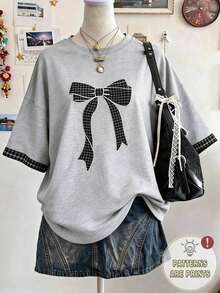 Camiseta de mujer de cuello redondo, hombros caídos, de largo medio, con estampado digital a rayas, de estilo minimalista y moderno, como regalo para amigos - Gris - Ver 1