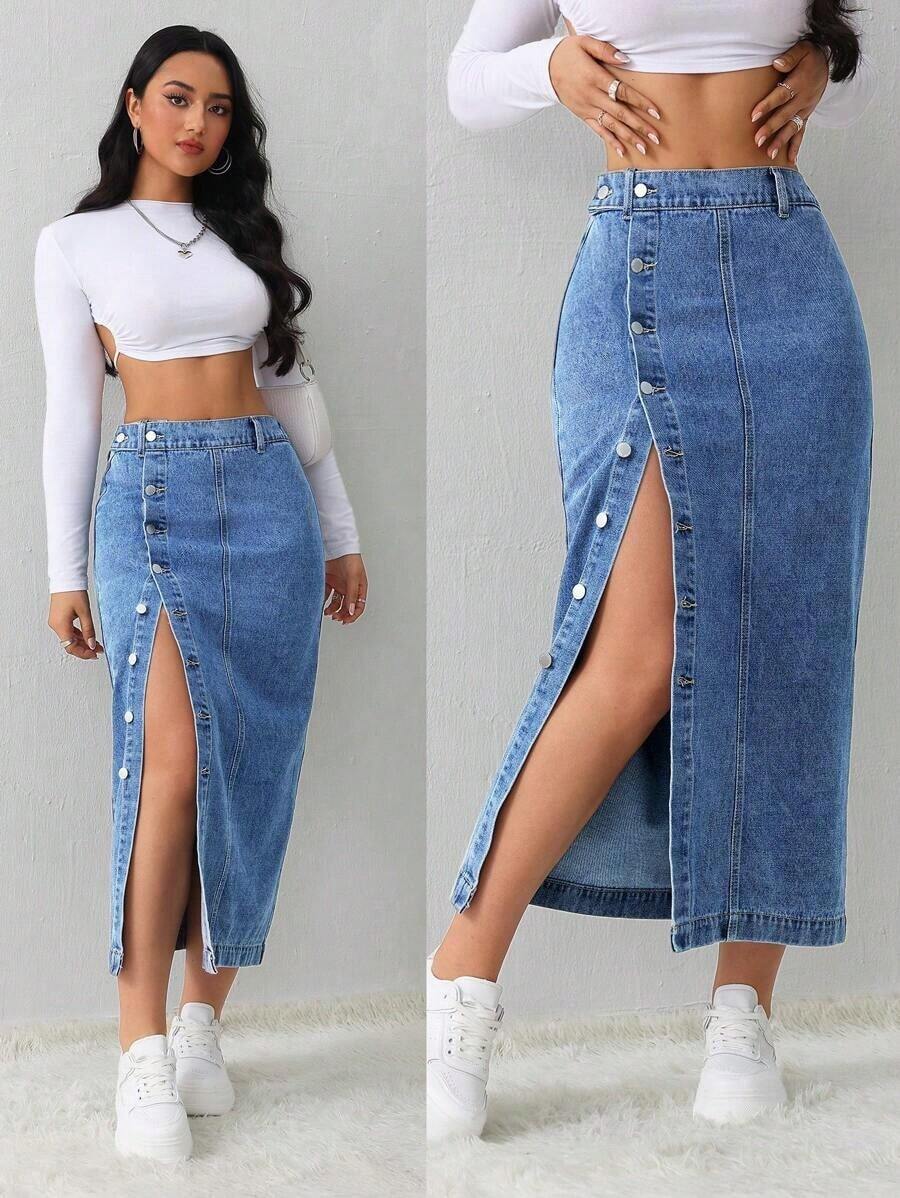 Tall Falda vaquera de mujer, casual, suelta, con abertura lateral, falda midi azul, falda larga para mujeres, falda azul claro, falda azul, ropa de invierno para mujer - Azul lavado medio - Ver 1