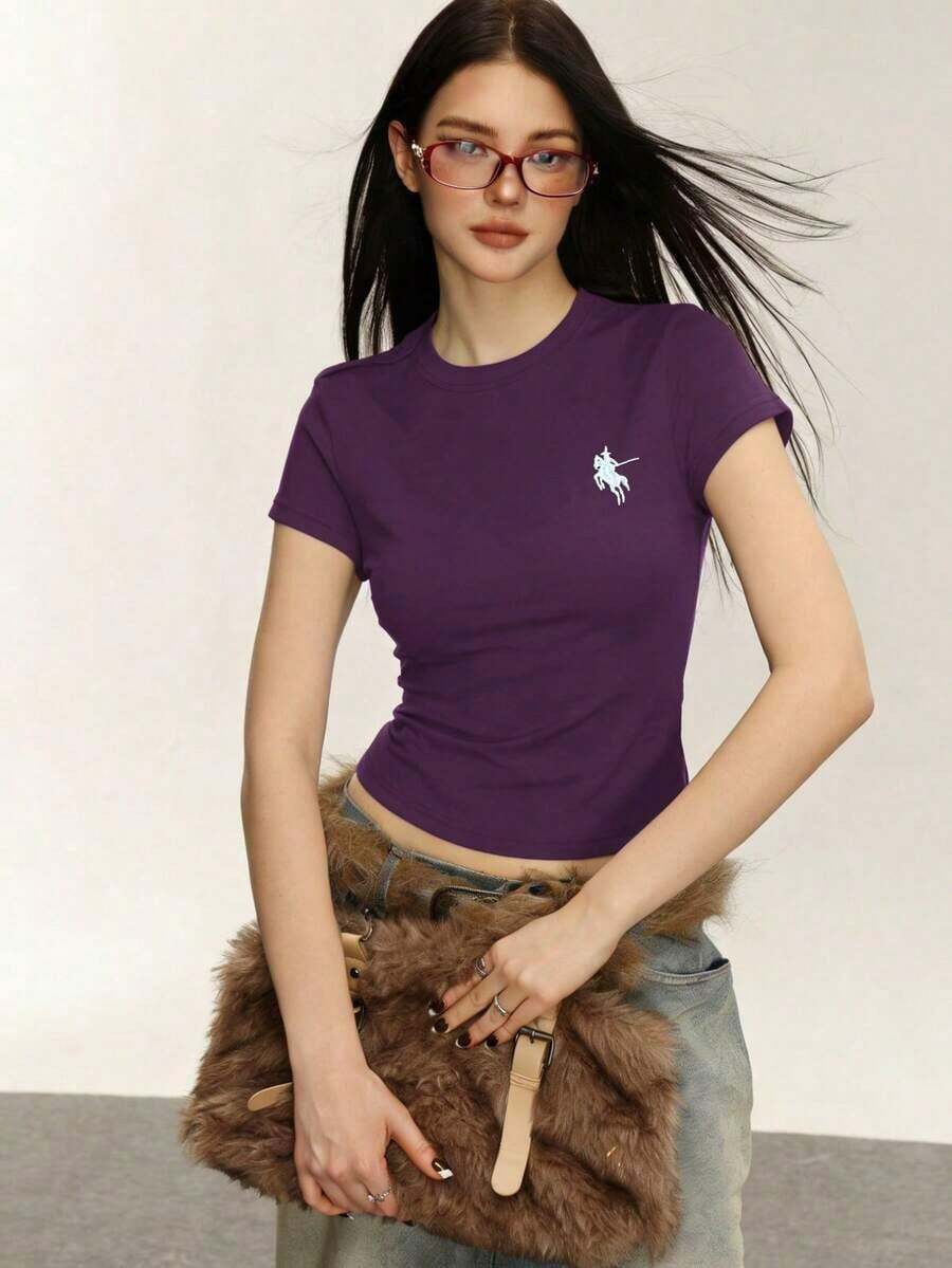 Camiseta de manga corta casual y versátil con estampado de caballero, para verano - Morado - Ver 1