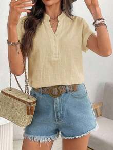 Camisa de mujer de unicolor con cuello en V, casual y versátil para uso diario - Albaricoque - Ver 5