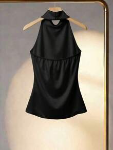 Blusa elegante de verano con cuello halter, drapeado y ajustada de unicolor para mujer - Negro - Ver 2