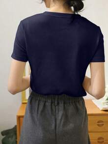 Camiseta de manga corta de punto acanalado de unicolor para verano - Azul marino - Ver 4