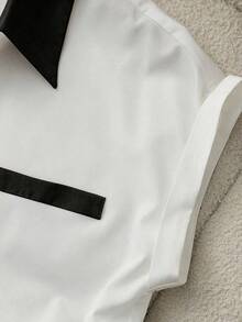 Blusa elegante de manga corta con bloques de color para mujer, verano - Negro - Ver 5