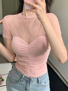 Blusa corta de manga corta de malla transparente elegante y ajustada para mujer, con parches de lunares de malla, ideal para primavera y verano, de uso versátil para San Valentín, boda, fiesta, banquete - Rosa 2 - Ver 7