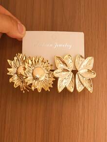 2/16pcs Gold Exaggerated Sunflower, Teardrop, 5-Petal Flower, Leaf Stud Earrings Set, Luxury Metal Versatile Earrings Suitable For Women's Daily, Vacation, Date, Gift - Multicolor - View 8