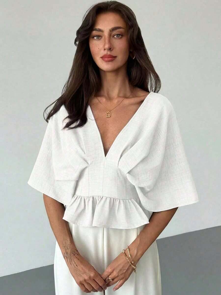 Blusa de manga de murciélago de unicolor elegante para mujer, de verano - Blanco - Ver 1