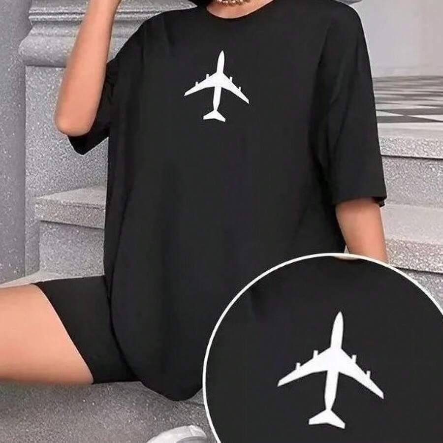 Minimalist American-Style Cotton T-Shirt With Airplane Print For Summer, European And American Niche Fashion, Youthful And Elegant Top, Women's T-Shirt. - 黑色 - 查看 1
