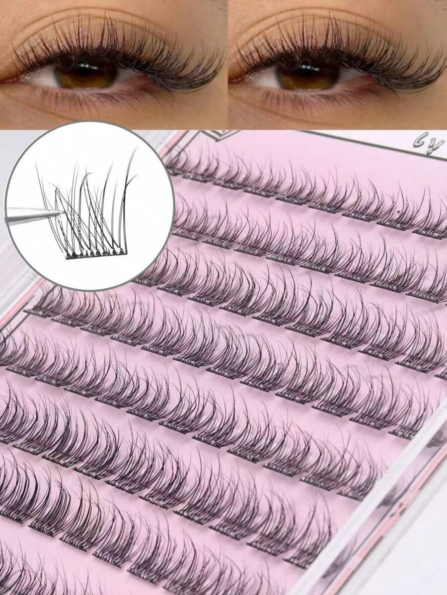 96pcs Self-Adhesive False Eyelashes - Transparent Lash Stems, Natural & Realistic, Fishscale Segmented False Lashes, C-Curl Flared Individual Lashes, Thick & Full, Suitable For Beginners, Lash Clusters, Individual Lashes, False Eyelashes - View 1