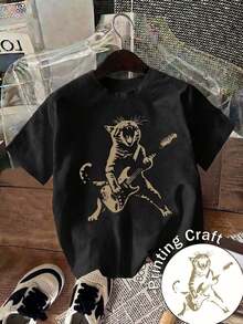 Camiseta de poliéster 100% algodón para mujer, informal, negra, de manga corta, cuello redondo, con estampado de gato rockero, corte regular. - Negro - Ver 2