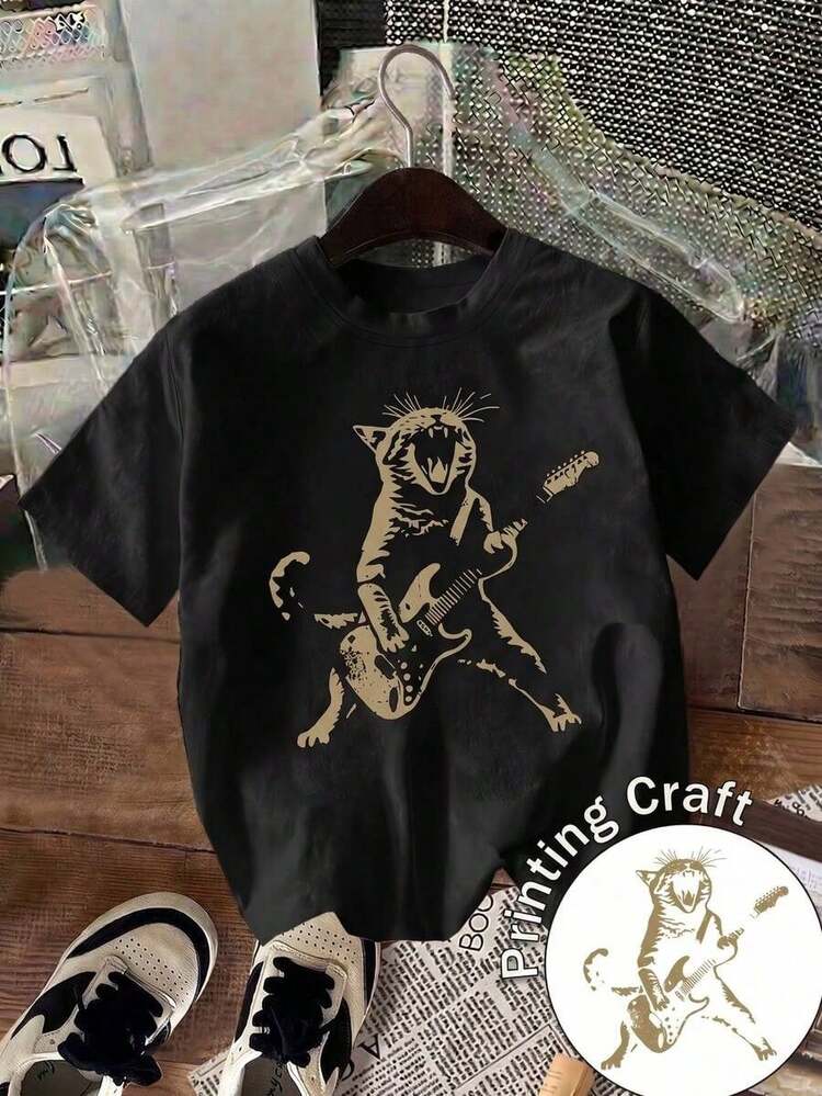 Women's 100% Cotton Polyester T-Shirt, Casual, Black, Short Sleeve, Round Neck, With Rock Cat Print, Regular Fit. - Black - View 2