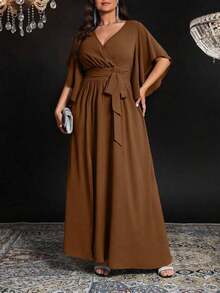 Vestido maxi elegante de fiesta con abertura, cuello en V ajustado, mangas acampanadas y cintura fruncida, talla grande para mujer - Marrón - Ver 5