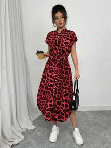Vestido largo de manga corta para verano 2025, nuevo, con bolsillo, abertura lateral, cinturón y lazo, estampado de leopardo, para uso casual y de viaje - Rojo - Ver 5