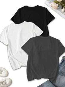 Set de 3 camisetas de manga corta y cuello redondo con estampado de letras inglesas y corazones, camisetas gráficas casuales de verano para mujer - Multicolor 12 - Ver 2