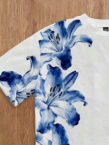Camiseta de manga corta blanca de ajuste regular con estampado digital de teñido anudado de plantas y flores, adecuada para citas de verano, reuniones, camiseta gráfica a juego con flores rosas para hombres - Blanco 3 - Ver 5