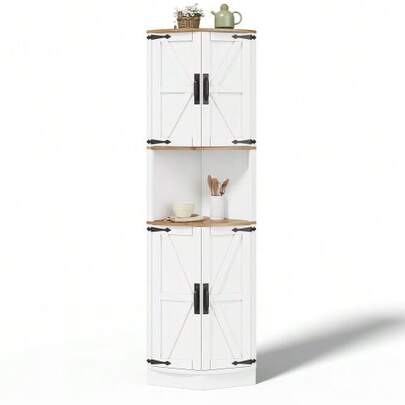 39.5 X 39.5 X 180 Cm, Corner Cabinet, 5 Storage Compartments, Vintage Kitchen Furniture, White Wood Look, Rustic Style, Space-Saving Corner Cabinet, Suitable For Living Rooms, Kitchens And Dining Rooms, With Anti-Tip Device.