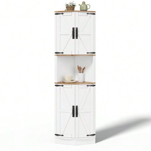 39.5 X 39.5 X 180 Cm, Corner Cabinet, 5 Storage Compartments, Vintage Kitchen Furniture, White Wood Look, Rustic Style, Space-Saving Corner Cabinet, Suitable For Living Rooms, Kitchens And Dining Rooms, With Anti-Tip Device.