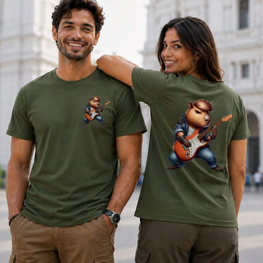 Camiseta Capivara Roqueiro Guitarra Estampa Alta Definição 100% Algodão - Verde musgo - Visão 1