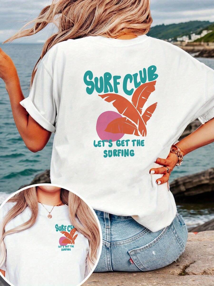 Camiseta Casual de Manga Corta para Mujer - Estampado Gráfico de Surf Club en la Parte Delantera y Trasera con Hojas de Palma y el Eslogan "Let's Get The Surfing", Blanca con Detalles en Verde Azulado y Rosa, Cuello Redondo de Elasticidad Media para Primavera, Verano y Otoño, Ropa de Playa y Conjuntos Casuales, Camiseta de Playa, Ropa de Vacaciones, Diseño Divertido, Material Transpirable, Ropa Inspirada en el Surf, Camiseta Y2k para Amantes de la Moda. - Negro - Ver 1