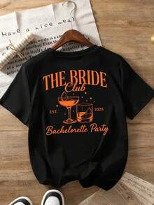 Women's Graphic T-Shirt "The Bride Club" - Orange And White, Casual, Short Sleeve, Crew Neck, "Est." Design "Bachelorette Party 2025" With Cocktail Glasses, Lightweight Polyester Blend For Spring/Summer, Bachelorette Party Outfit | Fun Design | Lightweight T-Shirt Y2k - 黑色 - 查看 2