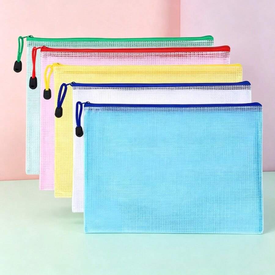 Tas Jaring Berresleting Aneka Warna, Ukuran Surat A4/A5/A6 - Kantong File dan Penyimpanan PVC Tahan Lama dengan Gantungan untuk Perjalanan, Sekolah, Kantor, Permainan Papan & Perlengkapan Sulaman, Tas Penyimpanan