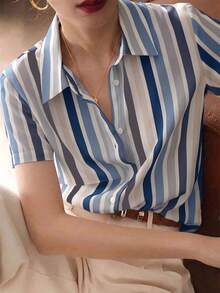 Casual Commuter Colorblock Striped Short Sleeve Shirt, Summer - Baby Blue - View 3