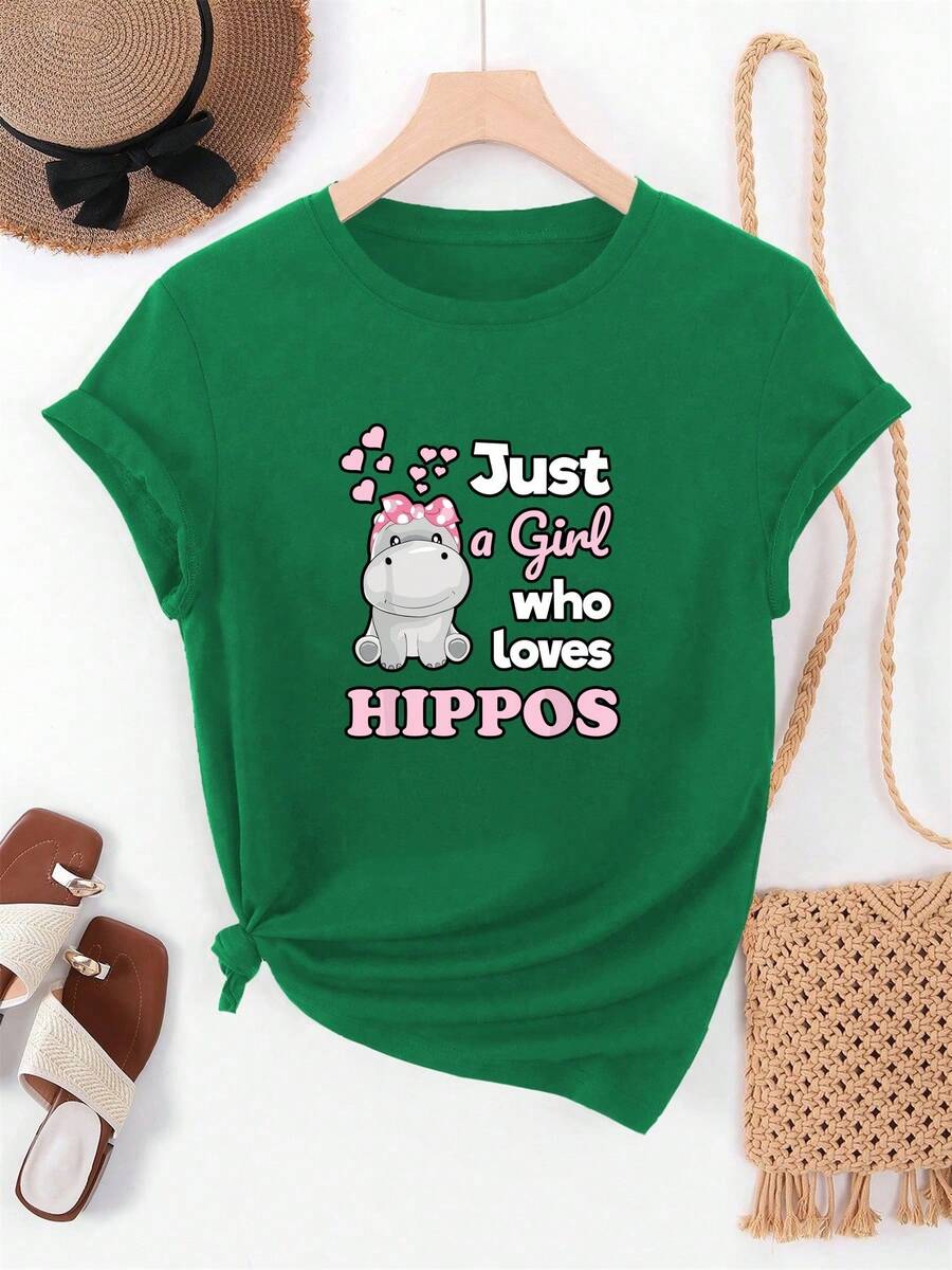 Camiseta de manga corta para mujer, estilo moderno minimalista, con estampado "Just a Girl who loves HIPPOS", informal de verano para uso diario. - Verde - Ver 1