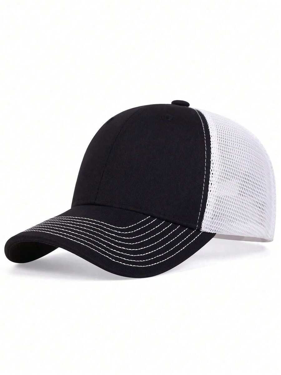 1pc Men's Solid Color Baseball Mesh Cap, Adjustable Casual Hat For Outdoor, Spring/Summer - Black and White - View 1