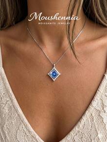 MOUSHEENIA Dây chuyền mặt dây chuyền kim cương Moissanite xanh lục cầu vồng rực rỡ bằng bạc Sterling 925, trang sức kỷ niệm hình học kiểu vòng hào quang dành cho phụ nữ, vòng cổ cưới tinh tế. - Bạc - Xem 2