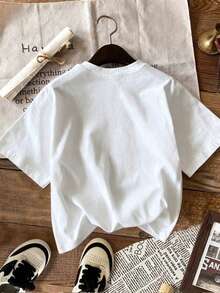 Minimalist T-Shirt For Women With "AMOUR" Graphic Print, Short Sleeve, Round Neck, Casual, Black/White, French Style, Everyday Fashion Top - 白色 - 查看 3