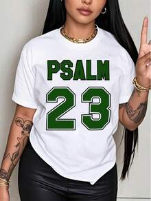 Plus Size Women's Premium Jersey T-Shirt With Psalm 23 Print - Crew Neck, Short Sleeve, With Bold Green Lettering, Soft And Breathable Fabric For Parties, Gifts For Women - 白色 - 查看 2