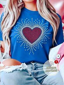 Suave Playera Blanca de Mujer con Gráfico de Corazón Rojo Radiante de Pedrería, Camiseta Aesthetic con Brillantes de Amor Manga Corta, Top Moderno Romántico, Blusa Casual de Moda para San Valentín, blusas para mujer elegante - Azul - Ver 6