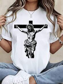 White Crew Neck T-Shirt With Jesus On The Cross Print, Religious Design For Everyday Wear And Expression Of Faith | Christian Faith | Bible Verses/Footprints Of Jesus | Pure Cotton, Soft And Breathable | For Everyday Wear/Church | Preferred By Believers And As A Gift - 白色 - 查看 3