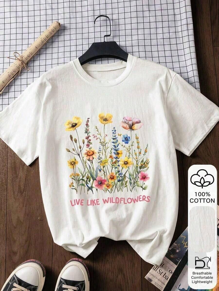 Camiseta de manga corta para mujer con estampado floral, estilo casual de verano, 2026 Regreso a Clases - Blanco - Ver 1