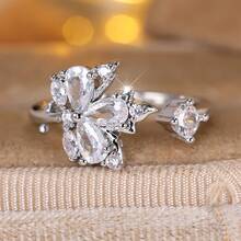 Vanel 1piece Elegant Statement Ring, Butterfly-Shaped CZ Open Design, Romantic Fashion Jewelry For Daily Wear - Silver-white - View 2