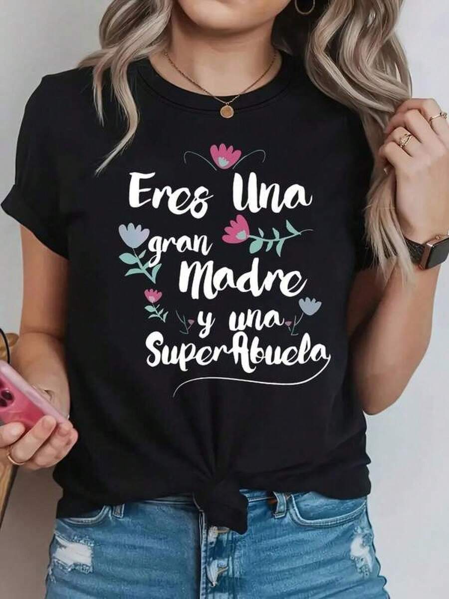 1 pieza Camiseta de manga corta de cuello redondo holgada unisex de 180g, 100% algodón puro transpirable y suave, estilo Y2K Bababask con estampado gráfico moderno, ideal para mujer y hombre, perfecta para uso diario, festivales, conciertos y todas las estaciones - Negro - Ver 1