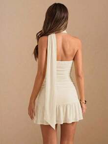 Vestido mini elegante con estampado floral crema y amarillo, con pliegues, asimétrico, sin tirantes y con tirantes anudados, para mujer en otoño/invierno. Vestido de cumpleaños, boda, cóctel, elegante y sexy, romántico, para cita, fiesta nocturn - Albaricoque 2 - Ver 2