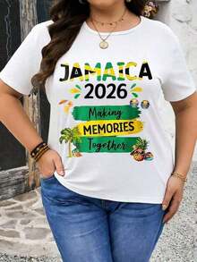 Jamaica 2026 Creating Memories Together Travel And Vacation Shirt, Comfortable, Round Neck, Casual, Pure Cotton, With Fashionable Sporty Letter Print, Unisex Design For Couples, Suitable For Festive Celebrations, Mother's Day, Father's Day, Independence Day, Short Sleeve For Women, Breathable And Comfortable. - 白色 - 查看 2