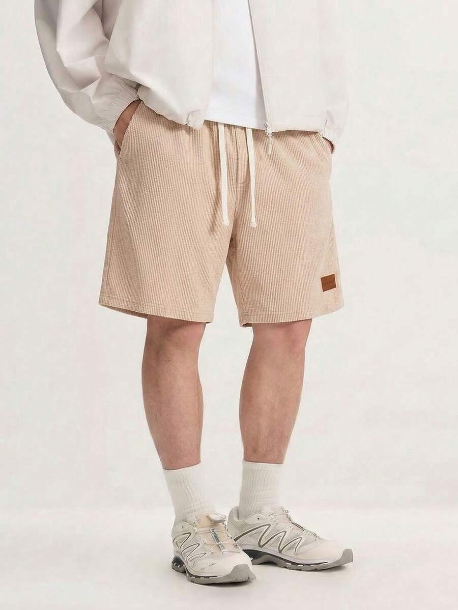 Men's Summer Breathable Soft Waffle Shorts, Elastic Waist Drawstring Loose Straight 5-Inch Inseam Shorts, Versatile For Running, Fitness, Home Wear - Khaki - View 1