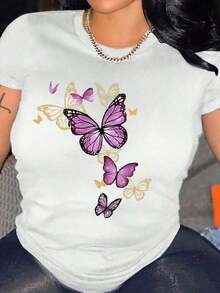 1 pcsINAWLY Camiseta de mujer para el verano, de cuello redondo, manga corta, con estampado de mariposa, informal y holgada180g 100% Cotton soft - Blanco - Ver 6
