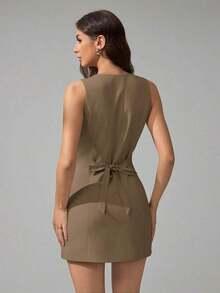 Tall Vestido mini elegante de unicolor con cuello redondo y sin mangas para mujer - Caqui - Ver 3