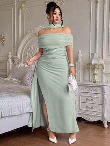 Vestido largo de fiesta elegante y ajustado con hombros descubiertos y abertura para mujer de talla grande, ideal para fiestas navideñas y ocasiones formales.Disponible en azul marino. - verde menta - Ver 9