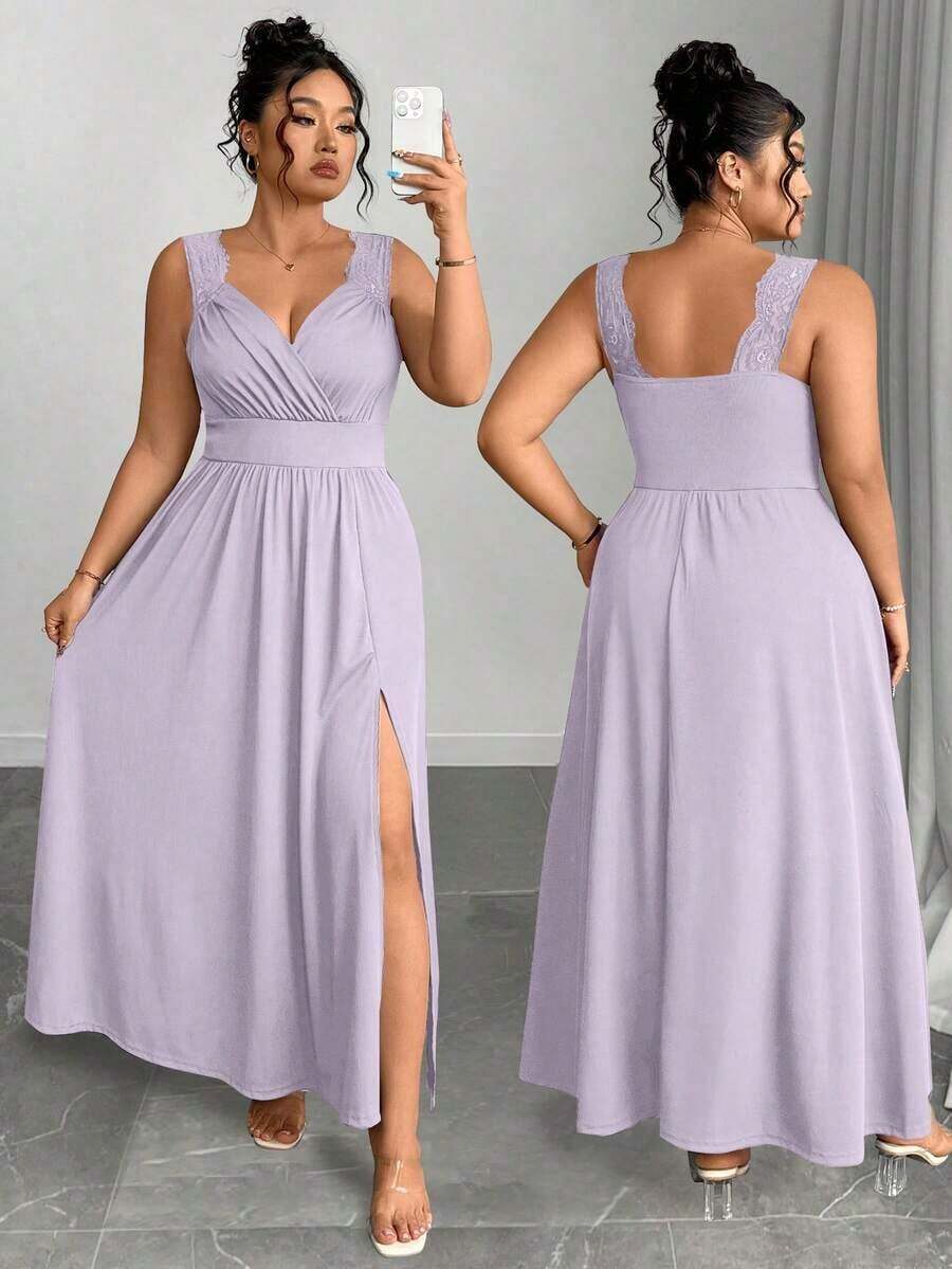 Elenzya Vestido línea A con cuello en V, contraste de encaje, tirantes finos y abertura para tallas grandes - Púrpura malva - Ver 1