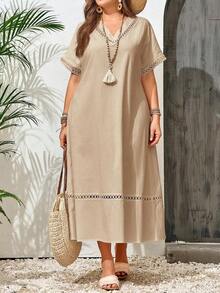Vestido casual holgado de unicolor con cuello en V y mangas cortas para mujer de talla grande - Albaricoque - Ver 4