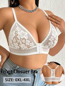 Plus Size Women Lace Patchwork Wireless Bra, Breathable Non-Slip Supportive Seamless Everyday Wear - White - View 4