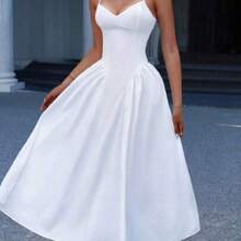Unadoll Women's Elegant White Corset Midi Dress, Sweetheart Neck Spaghetti Strap Lace-Up Back A-Line Formal Dress For Wedding & Party - Blanco - Ver 1