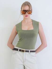 KARE YAKA KALIN ASKILI ESNEK KUMAS BLUZ - Green - View 5